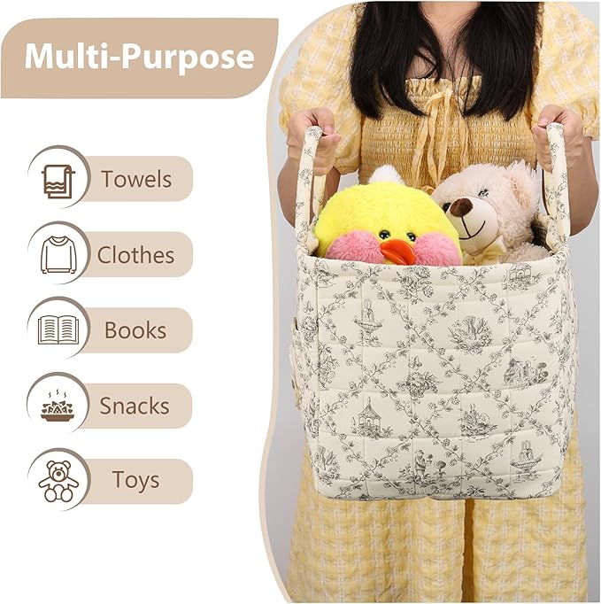 Storage Basket Boho Fabric Large Collapsible Floral Laundry Nursery Hamper Portable Folding Storage for Clothes Toys (Vine-Coffee)