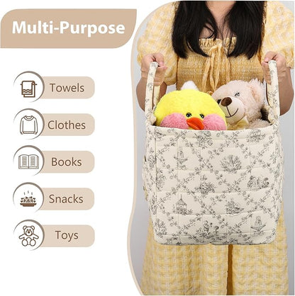 Storage Basket Boho Fabric Large Collapsible Floral Laundry Nursery Hamper Portable Folding Storage for Clothes Toys (Vine-Coffee)