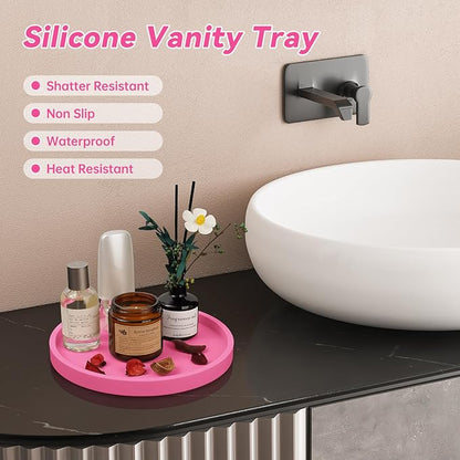 NiHome Thickened Silicone Vanity Organizer Tray for Bathroom Accessories, Kitchen Countertop, Living Room Decor, Multipurpose Shatter-Resistant Round Tray Decor for Candle Perfume Soap Plant(Hot Pink)