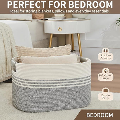 AINUOQI Laundry Basket with Handles - Blanket Basket & Hampers for Bedroom Aesthetic, Laundry Hamper & Blanket Storage for Living Room, Clothes Hamper, Tall, Large 21.7" x 16.9" x 11.8”, Grey