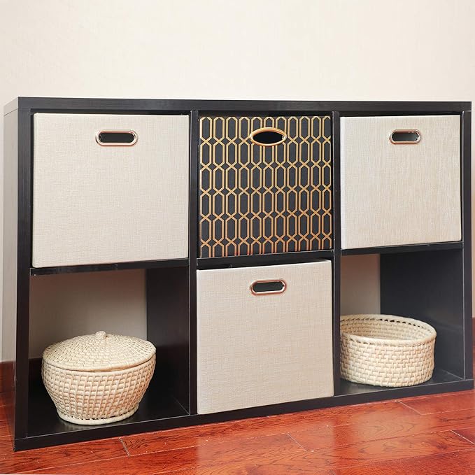 Posprica Foldable Storage Bins,13×13 Storage Cubes Basket Containers for Shelf Cabinet Bookcase Boxes,Thick Fabric Drawers - Set of 2, Beige