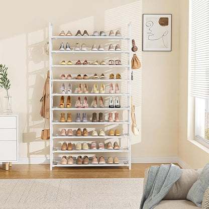 LANTEFUL Tall Shoe Rack 10 Tier Shoe Organizer Large Shoe Shelf with 18 Hooks Storage for 50 Pair Sneaker and Boot, Stackable Vertical Shoe Rack Organizer for Closet, Entryway, Bedroom, White