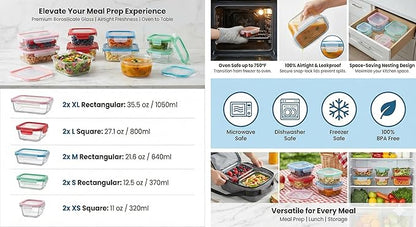 20 Pc Glass Food Storage Containers with Snap Lock Lids, Airtight & Leakproof, Bonus 2 Oven Silicone Gloves, Safe for Dishwasher, Oven, Microwave,Freezer, BPA Free