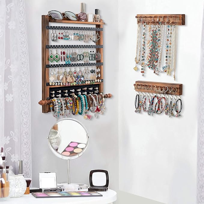 3Pcs Jewelry Organizers and Storage,Wood Earring Organizer,Hanging Jewelry Organizer,Rustic Wall Jewellery Organizer,Wall Mounted Earring Holder for Storage Display Gift (Brown+Black)