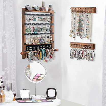 3Pcs Jewelry Organizers and Storage,Wood Earring Organizer,Hanging Jewelry Organizer,Rustic Wall Jewellery Organizer,Wall Mounted Earring Holder for Storage Display Gift (Brown+Black)
