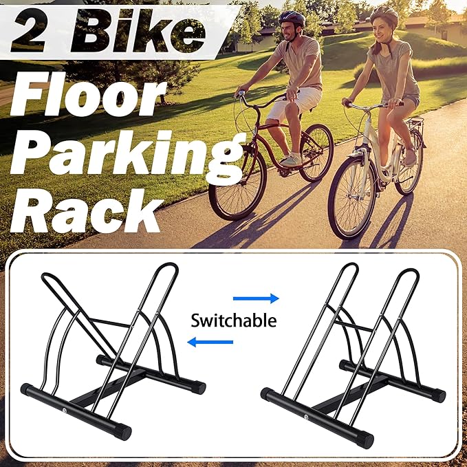 Bike Rack – Dual Bicycle Stand for Mountain, Road Bikes – Two Bike Parking Garage Storage Rack for Indoor and Outdoor Steel Bicycle Storage Tire Rack