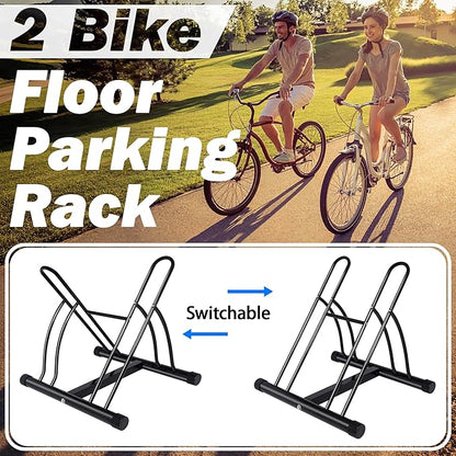 Bike Rack – Dual Bicycle Stand for Mountain, Road Bikes – Two Bike Parking Garage Storage Rack for Indoor and Outdoor Steel Bicycle Storage Tire Rack