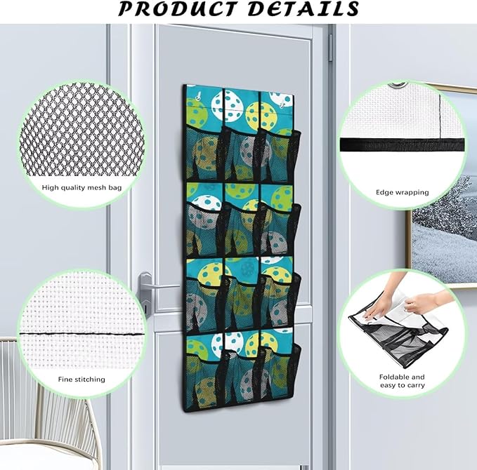 12-Pocket Storage Hanging Bag Behind the Door, Over the Door Organizer with Mesh Pockets for Shoes Essentials, Space Saving Door Organizer for Bedroom Dorm Closet, Pickleball Pattern