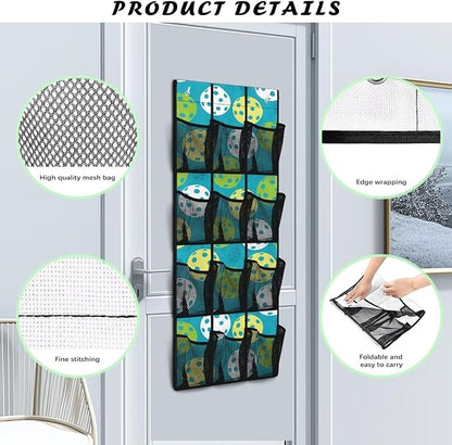 12-Pocket Storage Hanging Bag Behind the Door, Over the Door Organizer with Mesh Pockets for Shoes Essentials, Space Saving Door Organizer for Bedroom Dorm Closet, Pickleball Pattern
