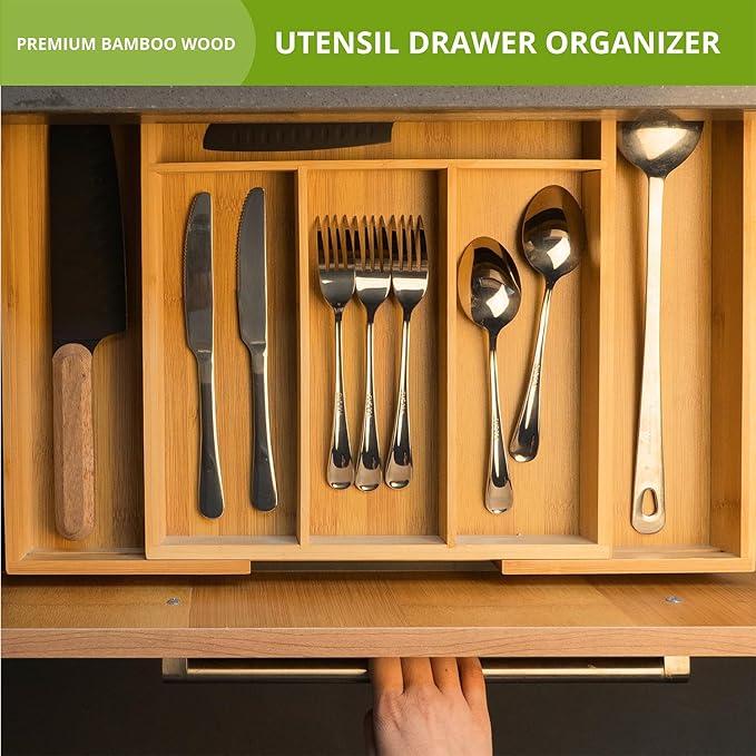 Premium bamboo kitchen drawer organizer, perfect for storing cutlery, silverware, and gadgets. Suitable for kitchens, living rooms, and bedrooms. 5-7 compartments, 13 to 19.6 inches wide.