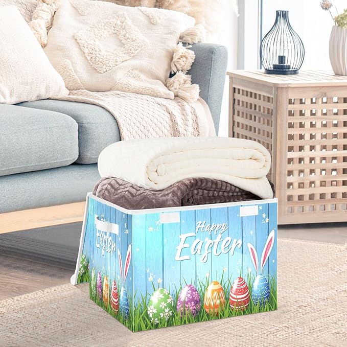 senya Easter Baskets Collapsible Storage Bins with Lids, Happy Easter Bunny Eggs Storage Boxes Clothes Baskets for Organizing