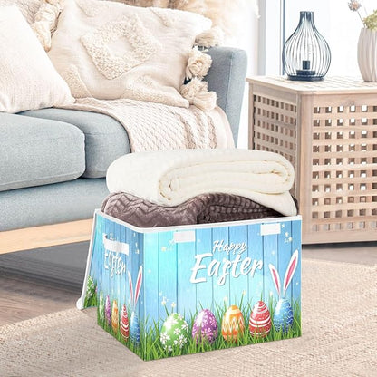 senya Easter Baskets Collapsible Storage Bins with Lids, Happy Easter Bunny Eggs Storage Boxes Clothes Baskets for Organizing