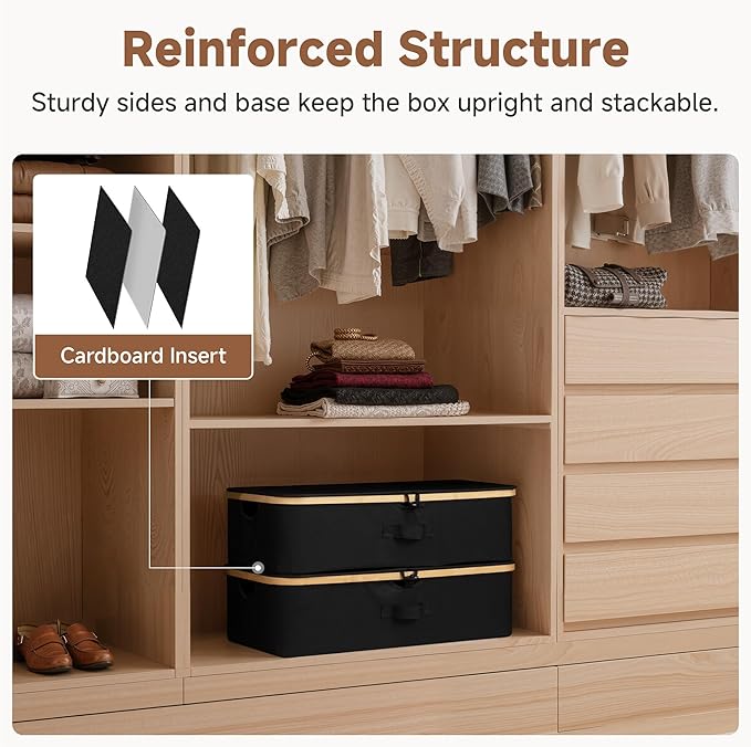 StorageWorks Underbed Storage Containers with Lids, 2-Pack 7" Low Profile Under Bed Storage Box with Bamboo Frame for Clothes, Bedding, Blankets and Shoes, 42L Sturdy Fabric Organizer, Black