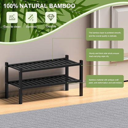 ROMGUAR CRAFT 2 Tier (Thick) Bamboo Shoe Rack for Closet Free Standing Wood Shoe Shelf for Entryway Small Space Stackable 27"x12"x14" (Black)