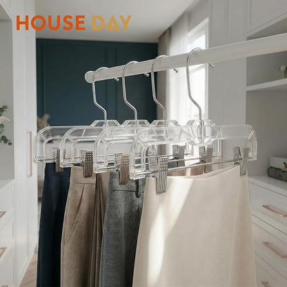 HOUSE DAY Clear Pants Hangers with Clips 12 Pack, Plastic Skirt Hangers for Women, 14 Inch Clip Hanger for Pants, Skirts, Jeans, Shorts, Legging, with 360-degree Swivel Hook, 2 Adjustable Clips