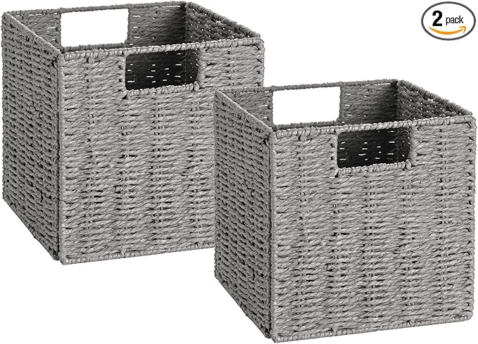 Vagusicc Wicker Storage Basket, Set of 2 Hand-Woven Storage Baskets for Shelves with Handles, Foldable Cube Storage Baskets Bins Organizer 13 inch Large Wicker Baskets for Pantry Bedroom Decor, Grey