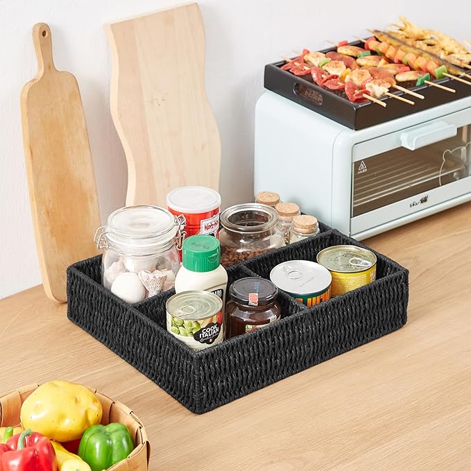 Vagusicc Wicker Divided Storage Basket, Black Wicker Baskets, Basket for Shelves Drawer Organizing, 3 Section Rectangular Woven Storage Baskets, 2-Pack