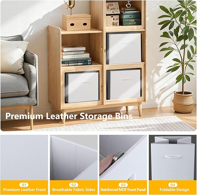 WUIKE 13-Inch White Storage Cube Bins, Leather Front Cubby Organizer Baskets with Handles, Collapsible Storage Bins for Shelves and Closet, 4-Pack