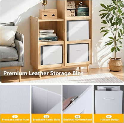 WUIKE 13-Inch White Storage Cube Bins, Leather Front Cubby Organizer Baskets with Handles, Collapsible Storage Bins for Shelves and Closet, 4-Pack