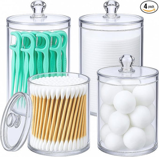 Acrylic Qtip Holder Bathroom Set, Bathroom Containers with Lids, Clear Plastic Apothecary Jars, Q Tip Holder Bathroom Set, Cotton Swab Holder, Cotton Ball Holder (Pack of 4)