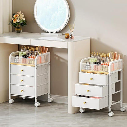 SWTYMIKI Rolling Makeup Organizer Cart - 14.96″*11.81″*23.03″ Widened Under Desk Vanity Storage with 3 Non-woven Drawers, Cosmetic Display Cases for Skin Care Perfume Nail Polish Brush Hair Tool White