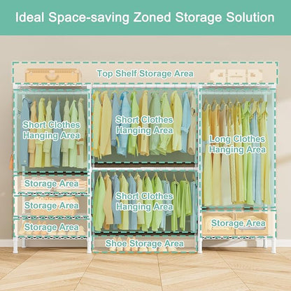SEMHOR E06 Expandable Heavy Duty Clothes Rack for Reach-in Closet, Freestanding Clothing Racks with Shelves, Carbon Steel Closet Organizer System Adjustable from 70.8-93.9", Max Load 800LBS, White