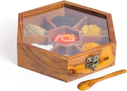 The Art Of International Wooden Spice Box with 7 Partitons & Spoon in Sheesham Wood/Table Top Masala Dabba, Namak Dani for Kitchen Accessories, Multipurpose Decorative Boxes (8X8X2 Inch, Brown)