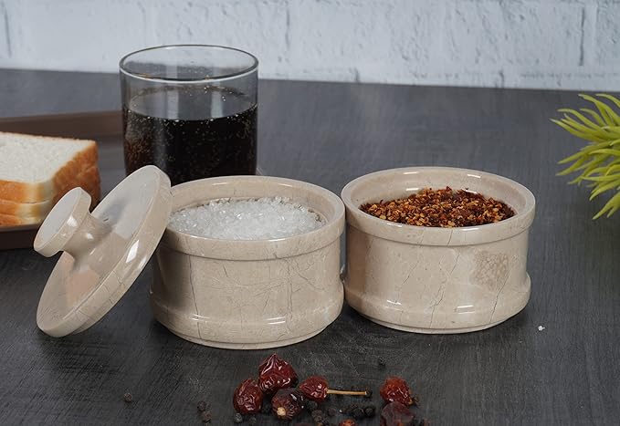 Radicaln Handmade Marble Brown 5” Dual Salt Cellar & Brown Sugar Keeper – 2” Each Herb Jar Salt Dish Kitchen Accesorries – Ideal For Jewelry, Butter, Sugar & Home Décor