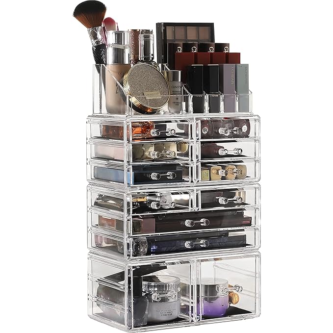 Cq acrylic 4 Pack Clear Makeup Organizer Countertop,Stackable 12 Drawers Skincare Organizer,Cute Skin Care Organizer for Vanity Hair Clip,Jewelry,Beauty Product Desk and Make Up Organizers for Vanity
