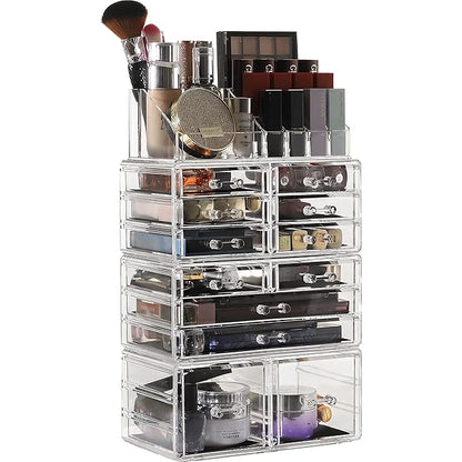 Cq acrylic 4 Pack Clear Makeup Organizer Countertop,Stackable 12 Drawers Skincare Organizer,Cute Skin Care Organizer for Vanity Hair Clip,Jewelry,Beauty Product Desk and Make Up Organizers for Vanity