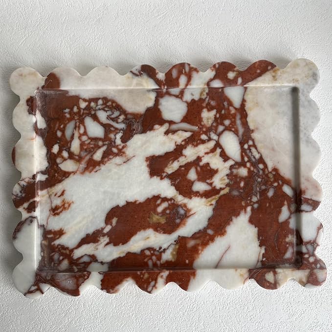 Natural Scalloped Marble Rectangular Tray, 10.8"x8", Decorative for Bathroom, Kitchen, Dresser (Calacatta Red)