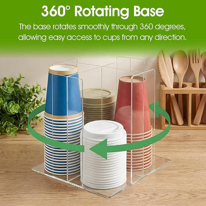 Cup and Lid Holder, 4-Compartment Clear Acrylic Cup Dispenser Lid Carousel - Countertop Coffee Cups Organizer for Restaurant, Buffet, Coffee Station, Bar, Square | Rotating