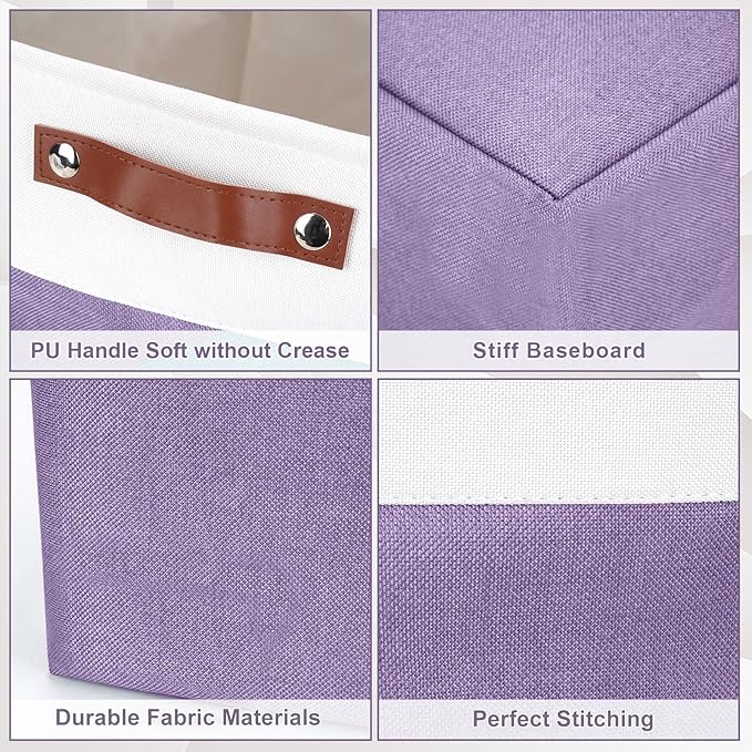 Bagnizer Storage Bins Large Fabric Storage Baskets for Shelves 3 Pack, Decorative Linen Closet Baskets with Handles for Organizing, Shelf, Clothes, Home, Office, 15x11x9.5Inches (Purple&White)