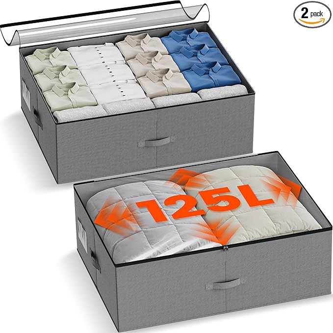 XXXXL 125L Under Bed Storage, Storage Containers with Support & Clear Lid, Support Frame, Underbed Storage Bins for Clothes, Shoes, Blankets, and Toys 2 pack