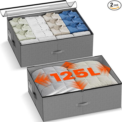 XXXXL 125L Under Bed Storage, Storage Containers with Support & Clear Lid, Support Frame, Underbed Storage Bins for Clothes, Shoes, Blankets, and Toys 2 pack