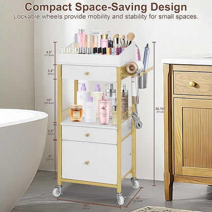 Makeup Organizer Cart with 3 Drawers, Rolling Vanity Organizer with Adjustable Dividers, Detachable Hair Tool Holder, Lockable Wheels for Small Spaces, Gold & White