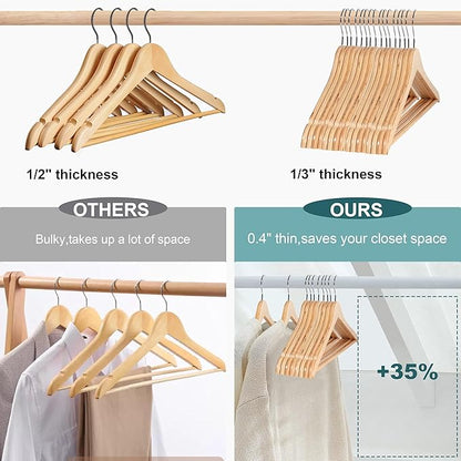 Quality Hangers Premium Slim Wooden Hangers 120 Pack - Thin Space Saving Hangers with 360 Degree Swivel Hook & Shoulder Groves Types of Clothing – Natural (120, Natural)