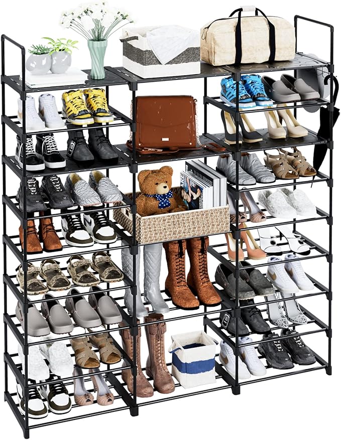 9 Tier Shoe Rack Shoe Storage Organizer Large Shoe Shelf for Entryway with Side Hooks, 50-55 Pairs Metal Shoe Racks Shoe and Boots Shelf for Closet