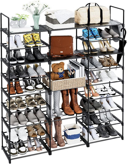 9 Tier Shoe Rack Shoe Storage Organizer Large Shoe Shelf for Entryway with Side Hooks, 50-55 Pairs Metal Shoe Racks Shoe and Boots Shelf for Closet
