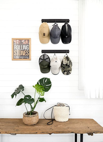 Mkono Hat Rack for Wall Wooden Baseball Caps Organizer with 20 Hooks Rustic Cowboy Hat Hanger Wall Mounted Caps Display Rack for Closet Bedroom Entryway, Set of 2, Black