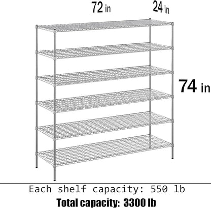 24" Deep x 72" Wide x 74" Height Wire Shelving Kit | 6-Tier | NSF Commercial Storage Rack Unit