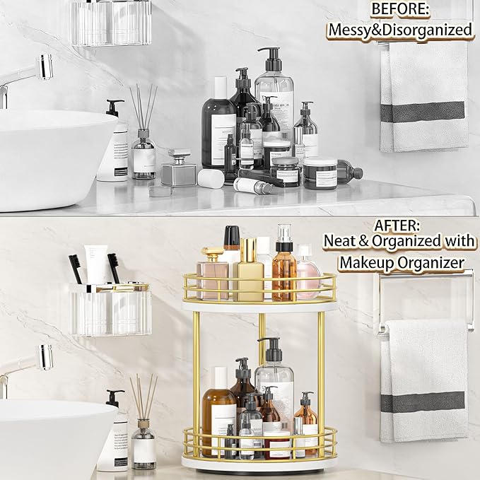 2-Tier Rotating Bathroom Countertop Organizer, Wooden Makeup Vanity Storage, Multifunctional Lazy Susan Turntable for Skincare, Perfume and Cosmetics (White-Gold)
