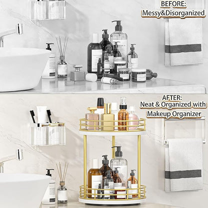 2-Tier Rotating Bathroom Countertop Organizer, Wooden Makeup Vanity Storage, Multifunctional Lazy Susan Turntable for Skincare, Perfume and Cosmetics (White-Gold)
