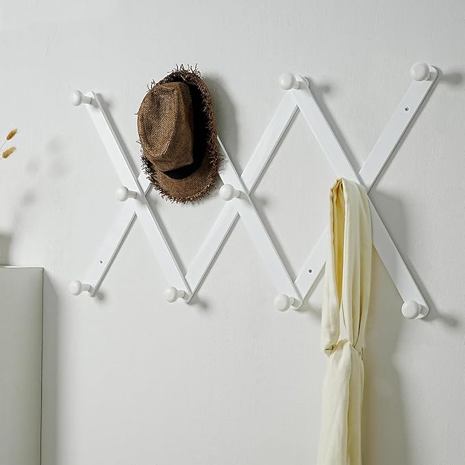 SKOLOO Large Hat Rack for Wall, Wooden Accordion Wall Hanger, Modern, Expandable Coat Hooks, Hat Display Rack for Home, Office, and Studio, 11 Peg, White