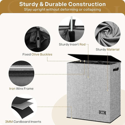 SOLEDI Double Laundry Basket with Lid and Removable bag, Large Laundry Hamper 2 Section with handles, Collapsible Dirty Clothes Hampers for Laundry, Bedroom, Dorm, College