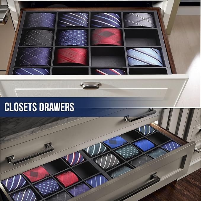 Tie Organizer Wall Mounted Tie rack,Tie box for Men,Tie Box Organizer with 16 Compartments，Tie Display Racks for Bedroom, changing room, Men Wardrobe(Black,2 PCS)