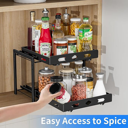BOIVSHI Pull Out Spice Rack Organizer for Cabinet, 2 Tier Cabinet Spice Rack Organizer, Height Adjustable Vertical Spice Rack for Kitchen Cabinet (11.9''Wx10.8''Dx9.2''H, Metal Black)