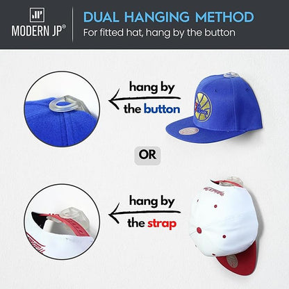 Modern JP Adhesive Hat Hooks for Wall (32-Pack) - Hat Rack for Baseball Caps, Minimalist Hat Display, Strong Hold Hat Hangers for Wall - USA Patented, Clear