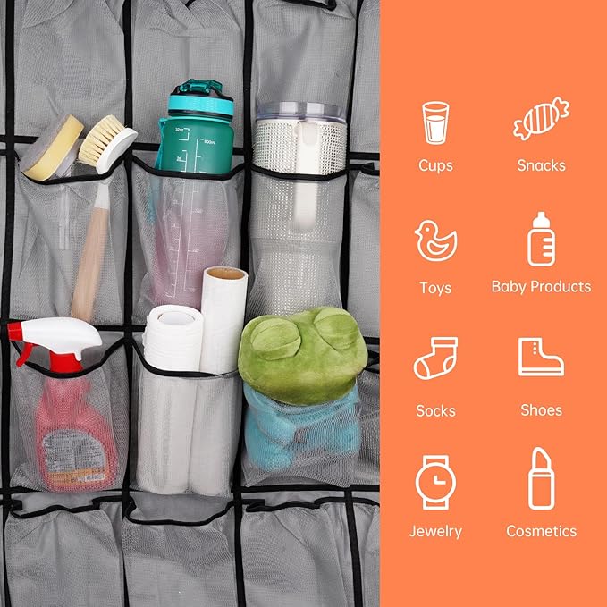 NiHome Multi-Functional 35 Pockets Door Hanging Organizer Fit for Stanley Tumbler in Kitchen, Pantry, Bathroom, Large Capacity Elastic Mesh Secure Storage Water Bottle Cup Holder, Foldable (Gray)