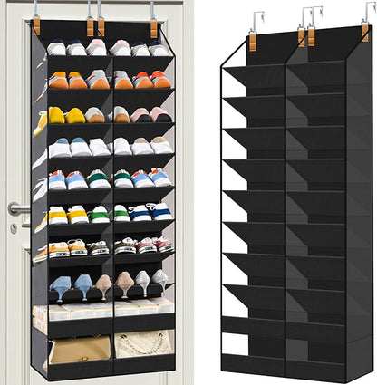 20-30 Pairs Over the Door Shoe Organizer,Side Clear Hanging Shoe Organizer,10-Tier Shoe Storage with 2 Flat Storage Layers,Door Shoe Organizer Fit All the Family’s Sneakers, Boots, Heels,Black